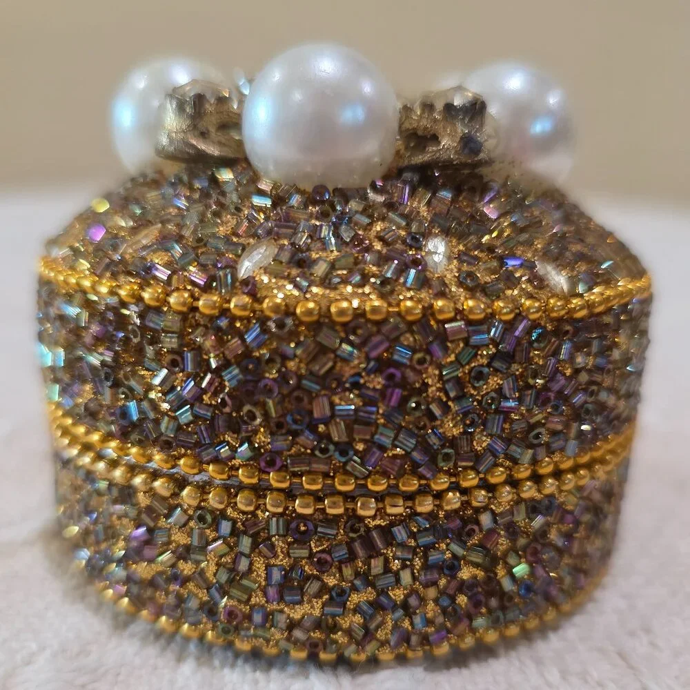 Vintage Gold Bead Pearl & Rhinestone Encrusted Metal Trinket Gift Vanity Box